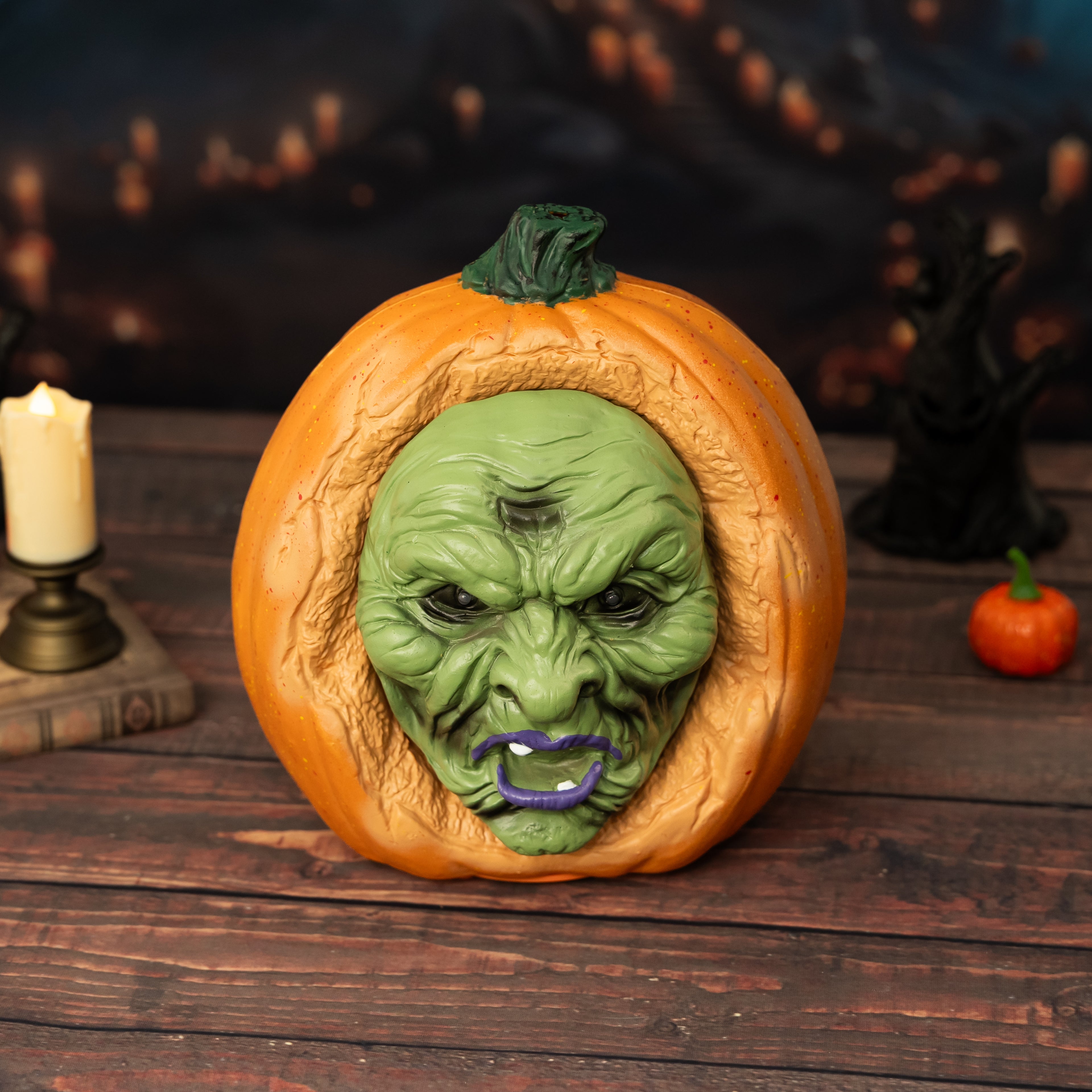 11" Animated Witch Face Pumpkin Halloween Decoration