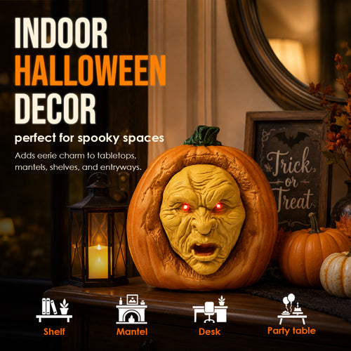 11" Animated Witch Face Pumpkin Halloween Decoration