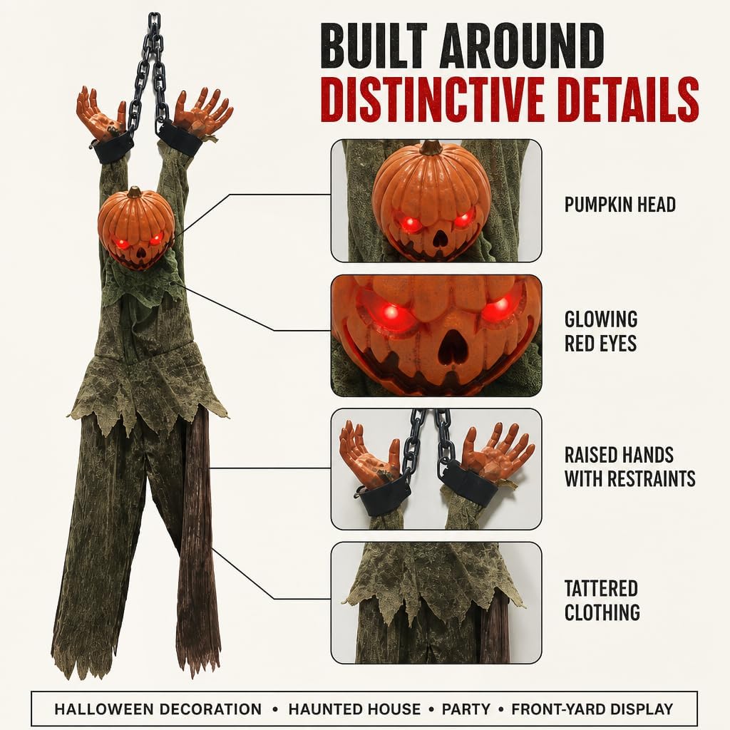 12.6" Hanging Pumpkin Head Scarecrow, Chained Zombie with Glowing Eyes