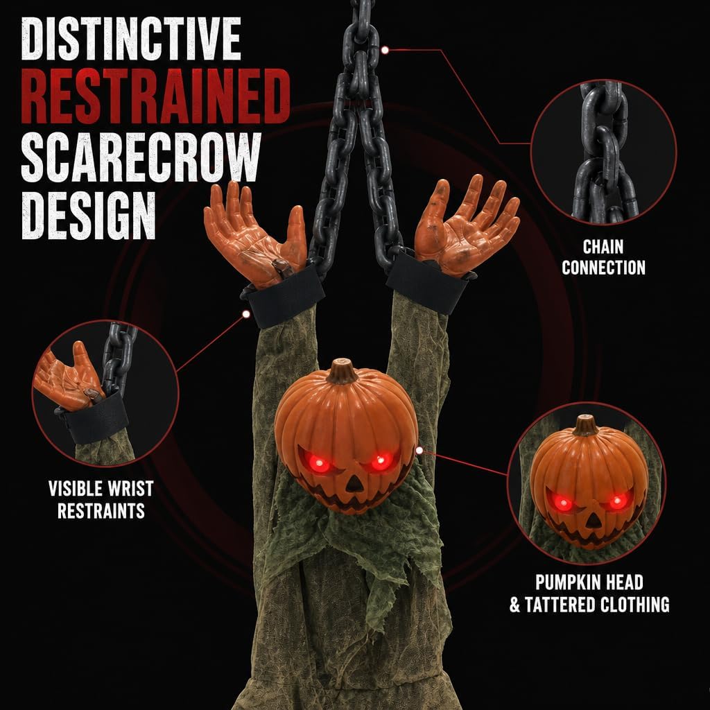 12.6" Hanging Pumpkin Head Scarecrow, Chained Zombie with Glowing Eyes