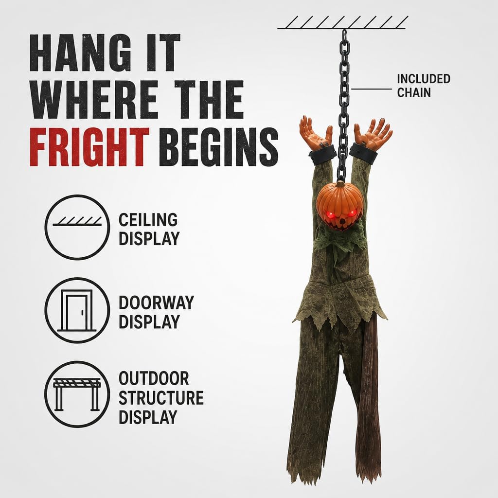 12.6" Hanging Pumpkin Head Scarecrow, Chained Zombie with Glowing Eyes