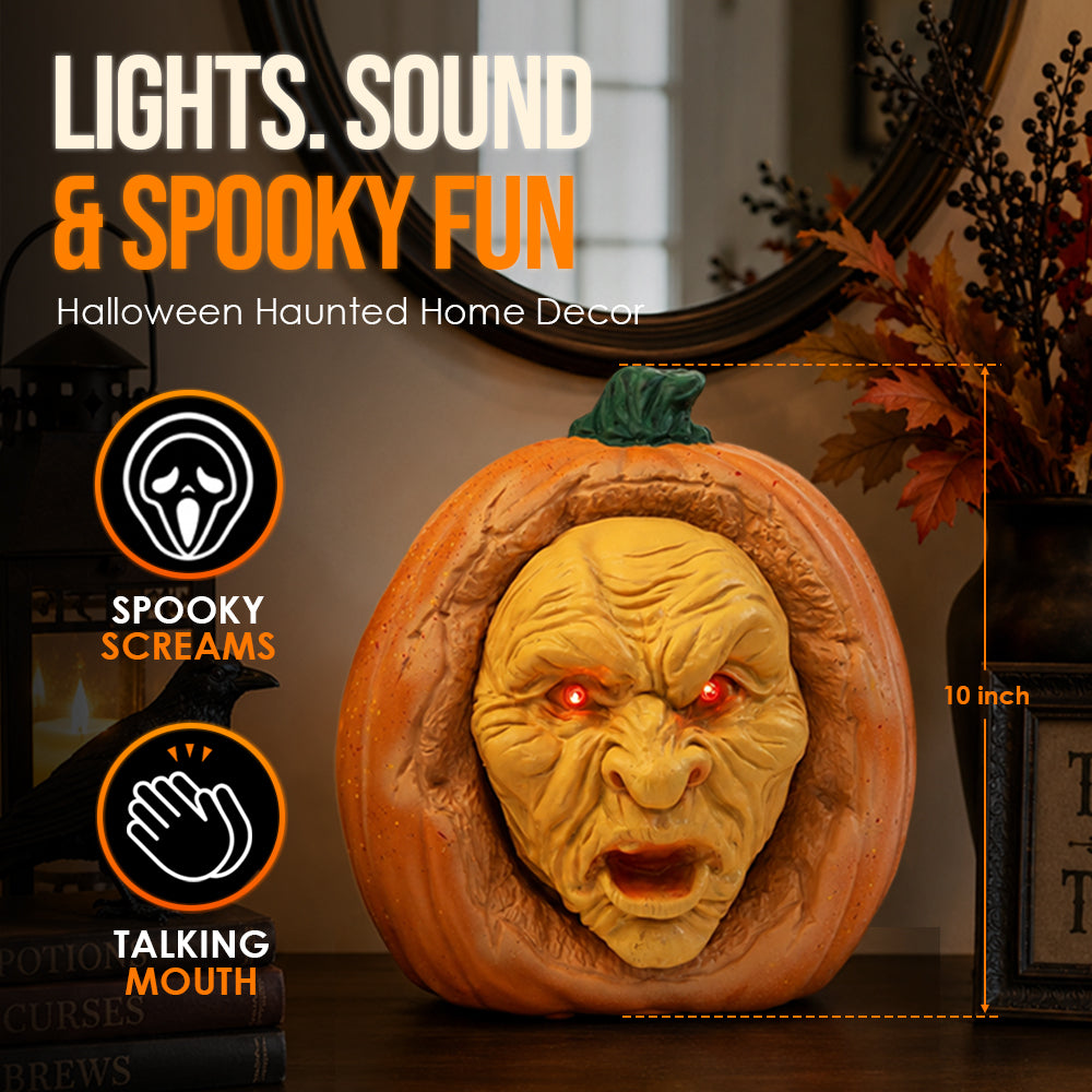 11" Animated Witch Face Pumpkin Halloween Decoration