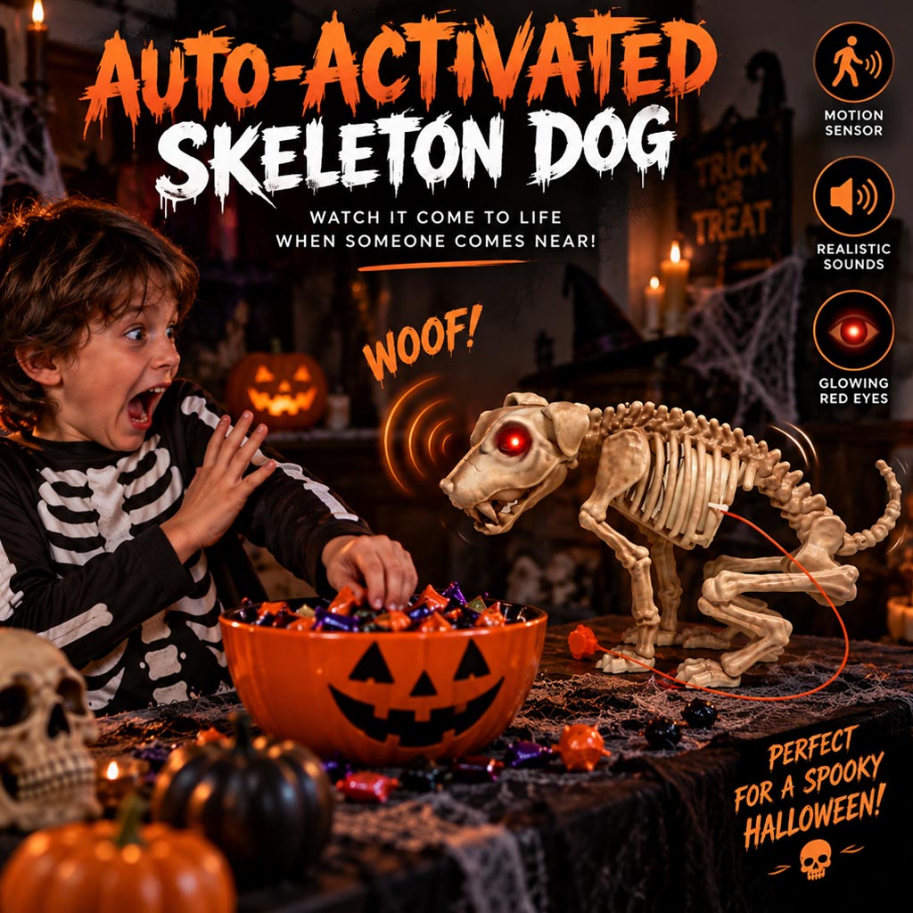 12.5-inch animated Halloween skeleton dog decoration with moving jaw